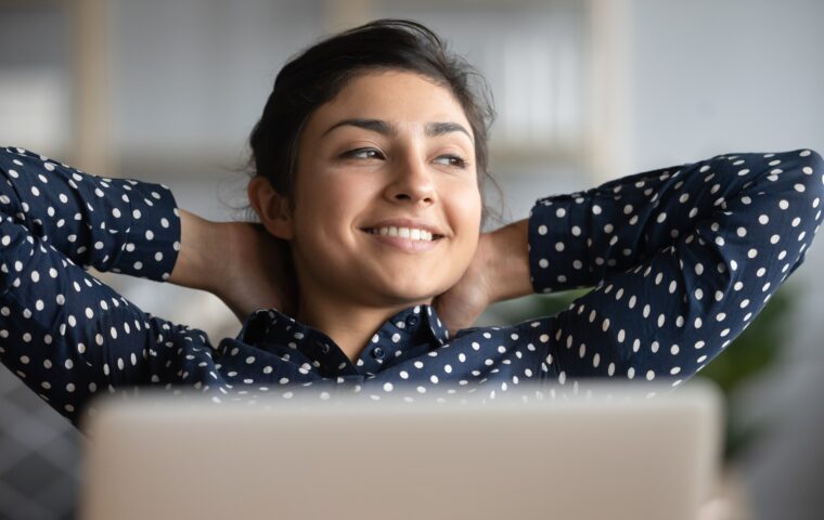 Happy,Satisfied,Indian,Woman,Rest,At,Home,Office,Sit,With